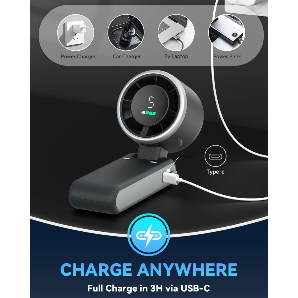 Portable Handheld Turbo Fan, USB-C Rechargeable, 5-Speed Cooling Fan - image 8