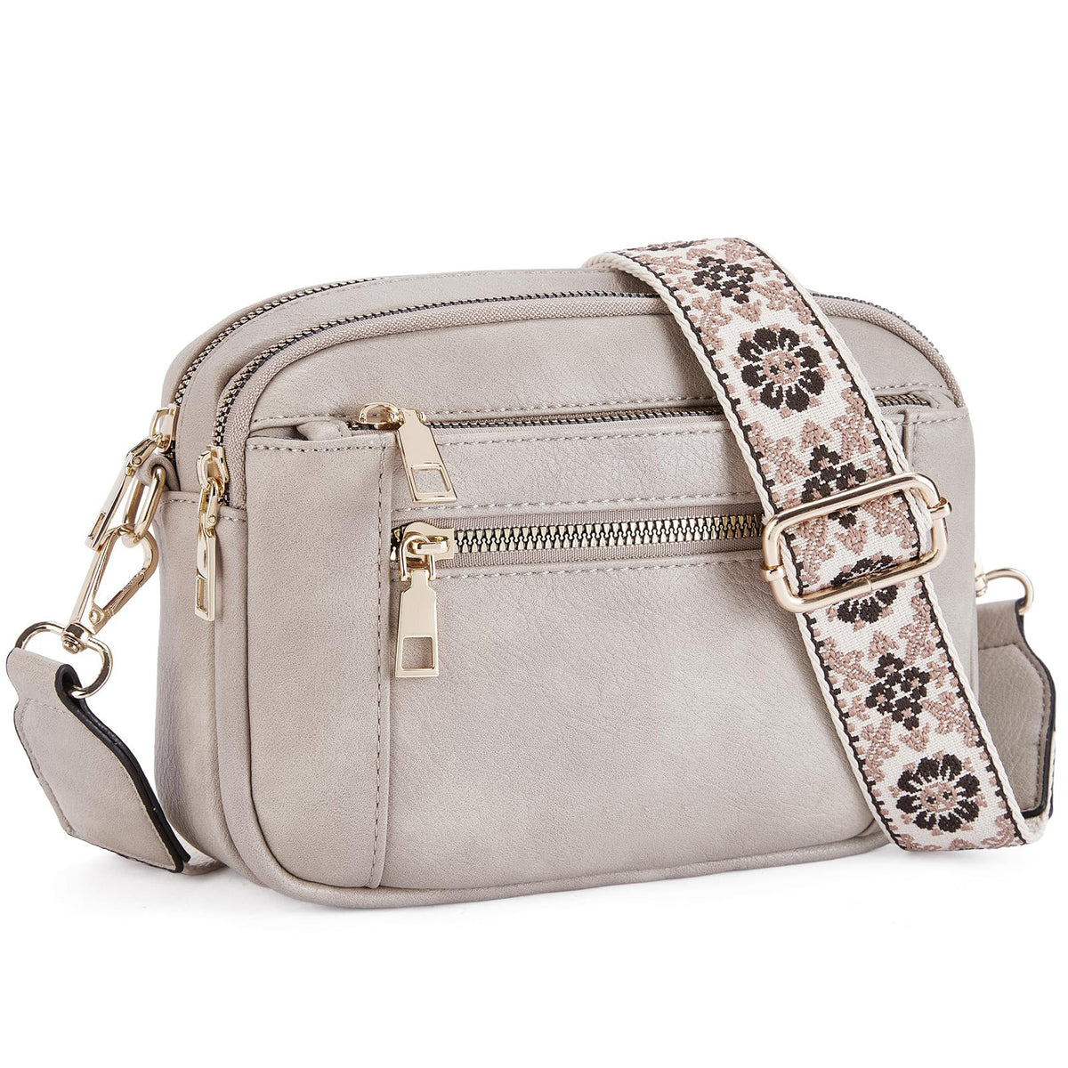 Triple-zipper Shoulder Bag With Floral Embroidered Straps Fashion Colo - image 7