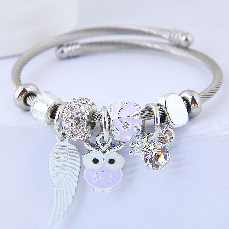 DIY Beaded Owl Angel Wings Pendant Stainless Steel Bracelet - image 8
