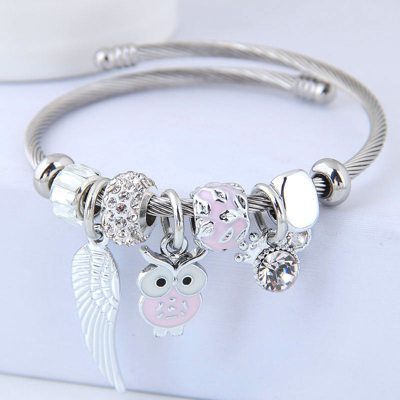 DIY Beaded Owl Angel Wings Pendant Stainless Steel Bracelet - image 5