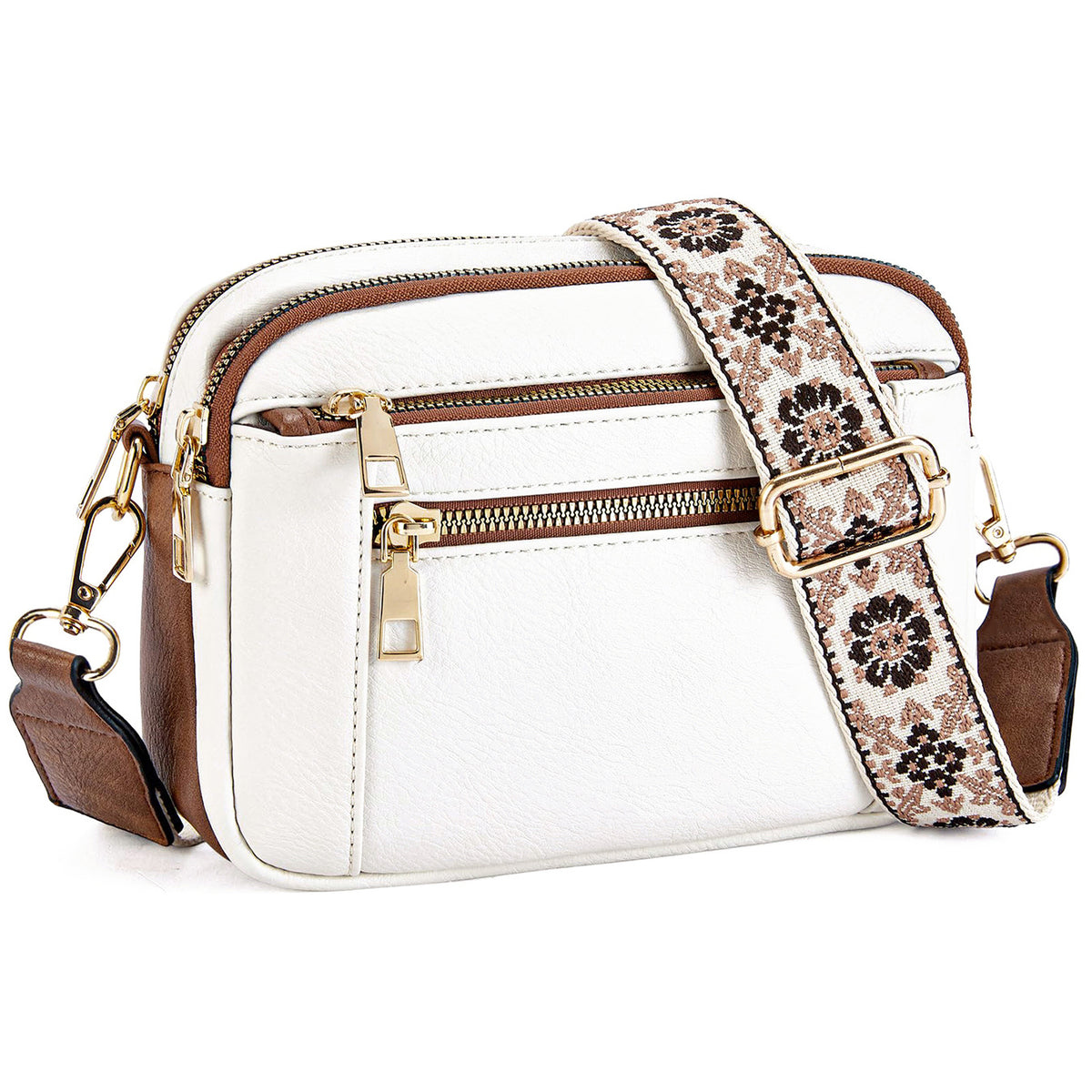Triple-zipper Shoulder Bag With Floral Embroidered Straps Fashion Colo - image 3