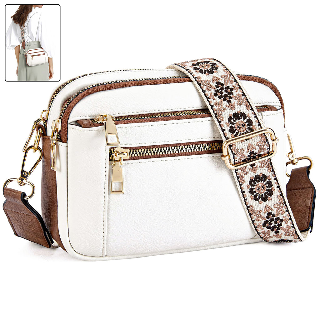 Triple-zipper Shoulder Bag With Floral Embroidered Straps Fashion Colo - image 5