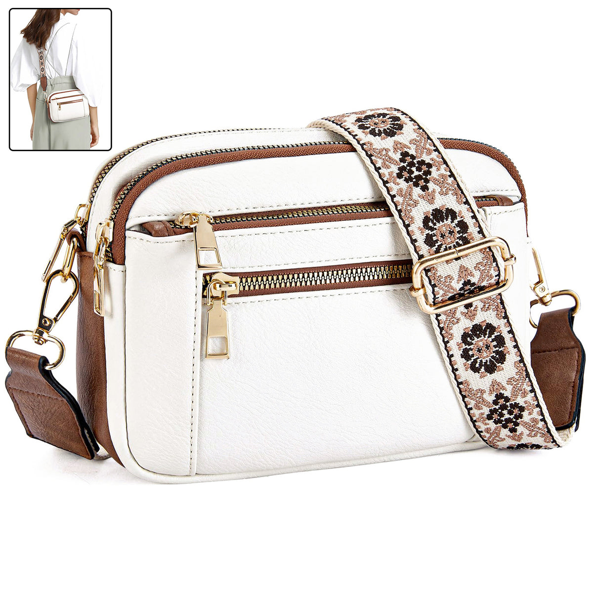 Triple-zipper Shoulder Bag With Floral Embroidered Straps Fashion Colo - image 5