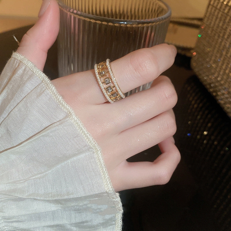Pearl Hollowed-out Square Open-end Zircon Ring European And American F - image 2