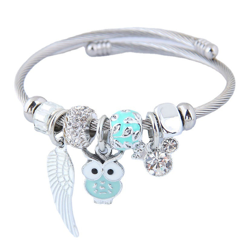 DIY Beaded Owl Angel Wings Pendant Stainless Steel Bracelet - image 2