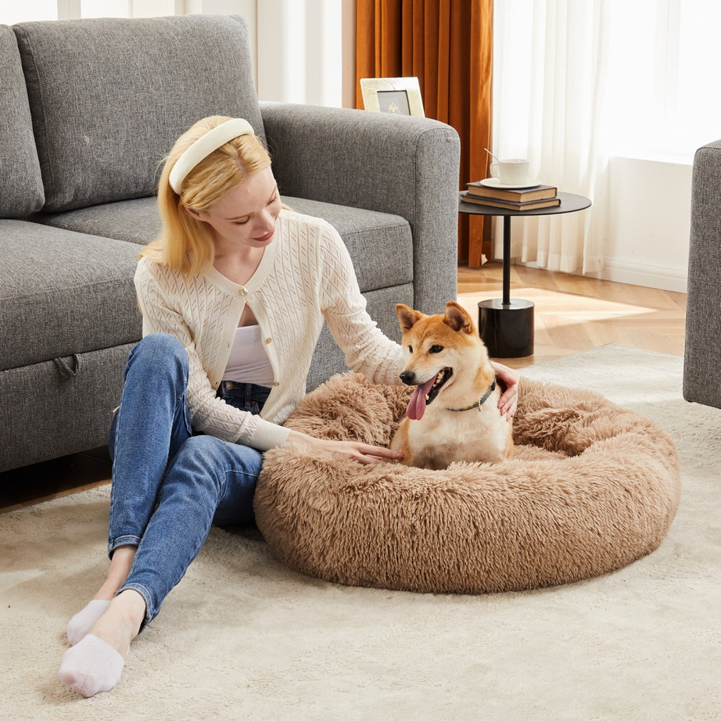 24 Inch Anti-Slip Round Fluffy Plush Faux Fur Cat Bed, Fits Up To 25 L - image 1