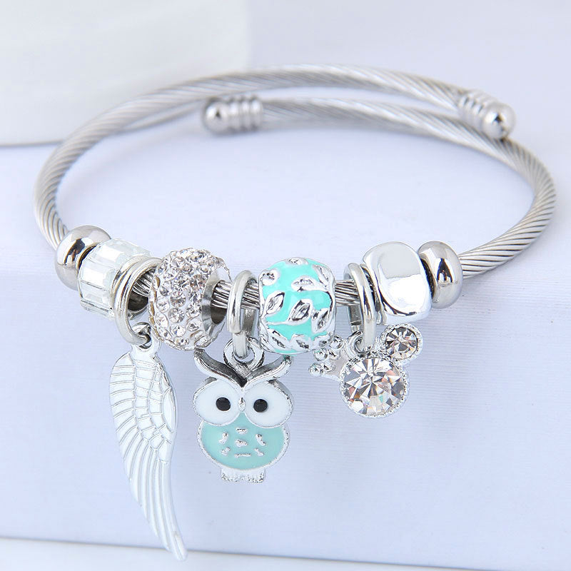 DIY Beaded Owl Angel Wings Pendant Stainless Steel Bracelet - image 3
