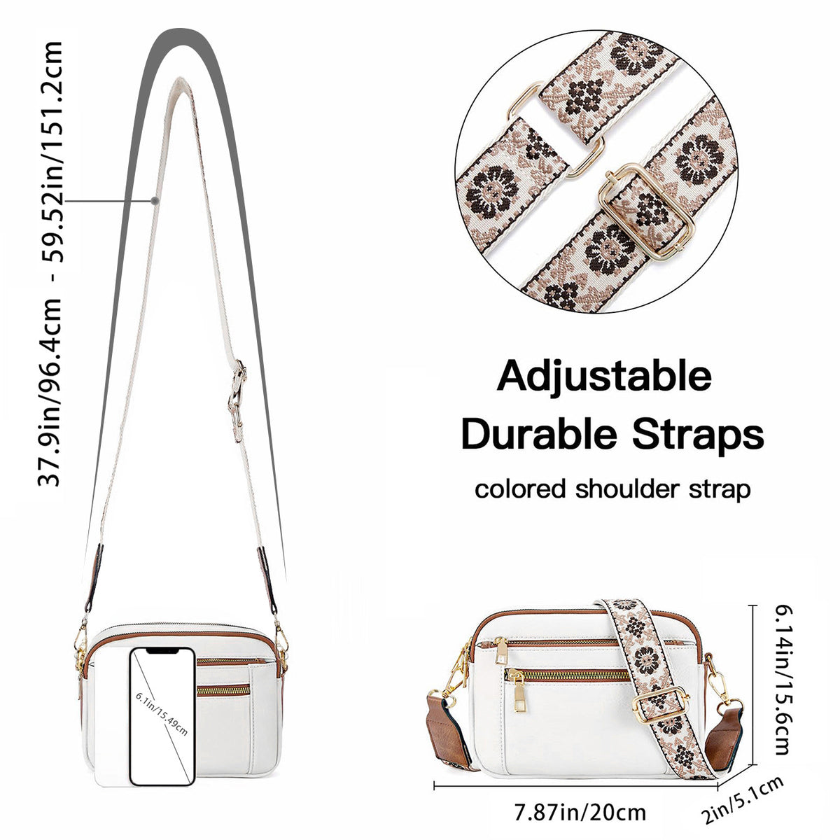Triple-zipper Shoulder Bag With Floral Embroidered Straps Fashion Colo - image 2