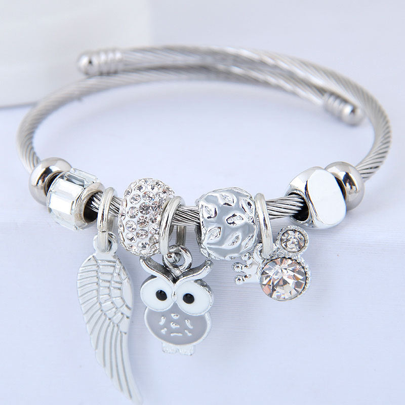 DIY Beaded Owl Angel Wings Pendant Stainless Steel Bracelet - image 4
