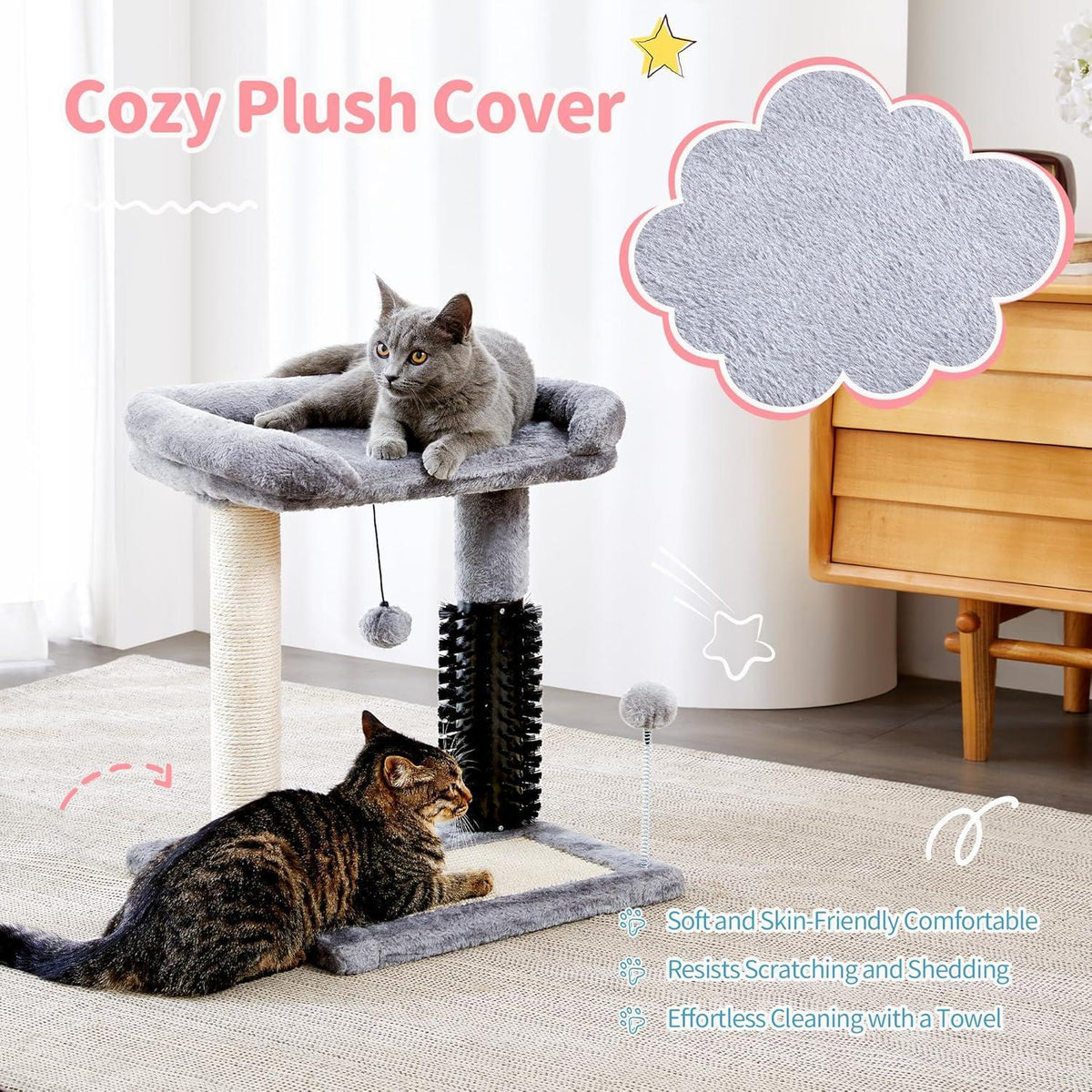Small 4-in-1 Cat Tree Tower With Self-grooming Brush And Natural Sisal - image 1