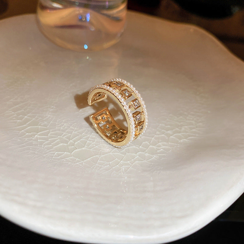 Pearl Hollowed-out Square Open-end Zircon Ring European And American F - image 4