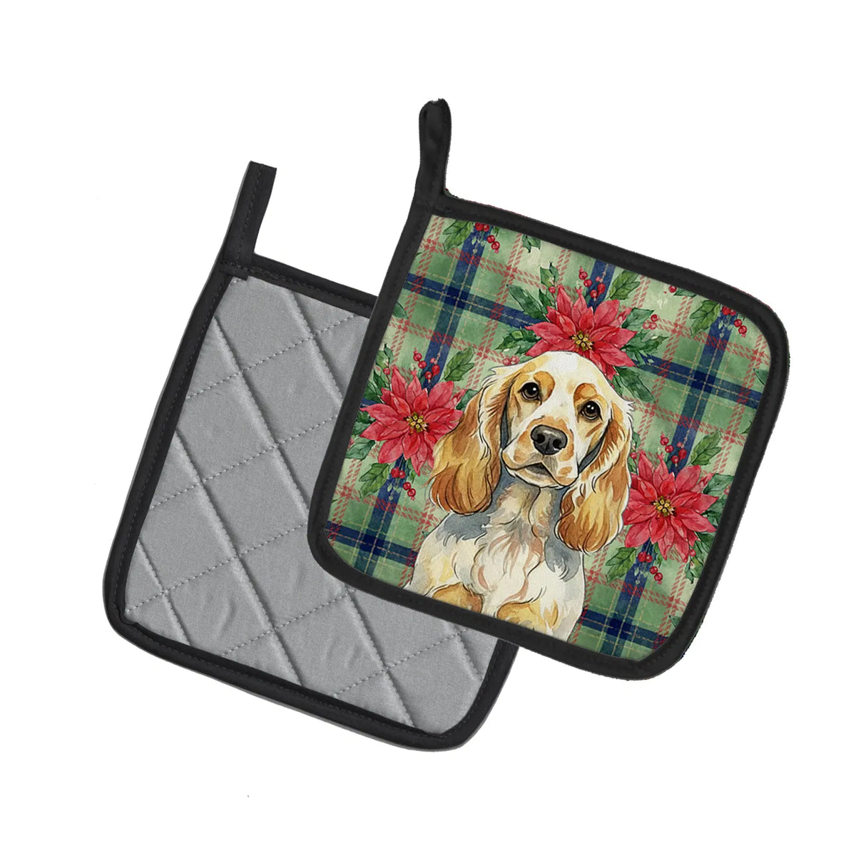 Lemon Roan English Cocker Spaniel Christmas PoinsettIas Pair of Pot Ho - image 1