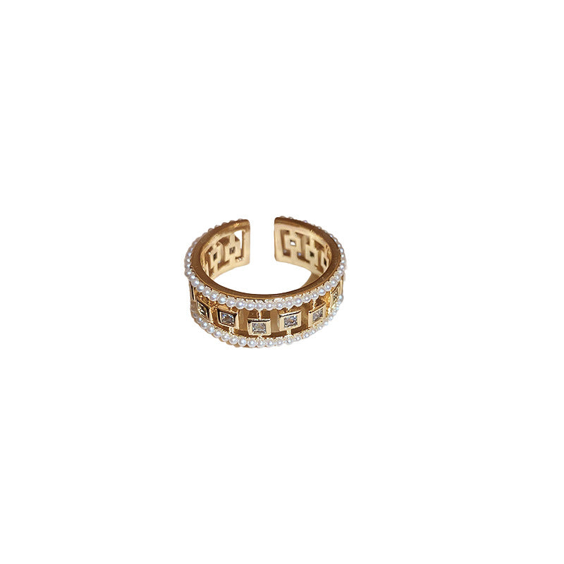 Pearl Hollowed-out Square Open-end Zircon Ring European And American F - image 5