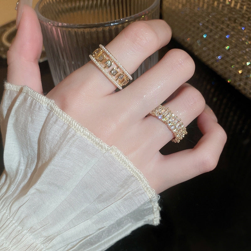 Pearl Hollowed-out Square Open-end Zircon Ring European And American F - image 1