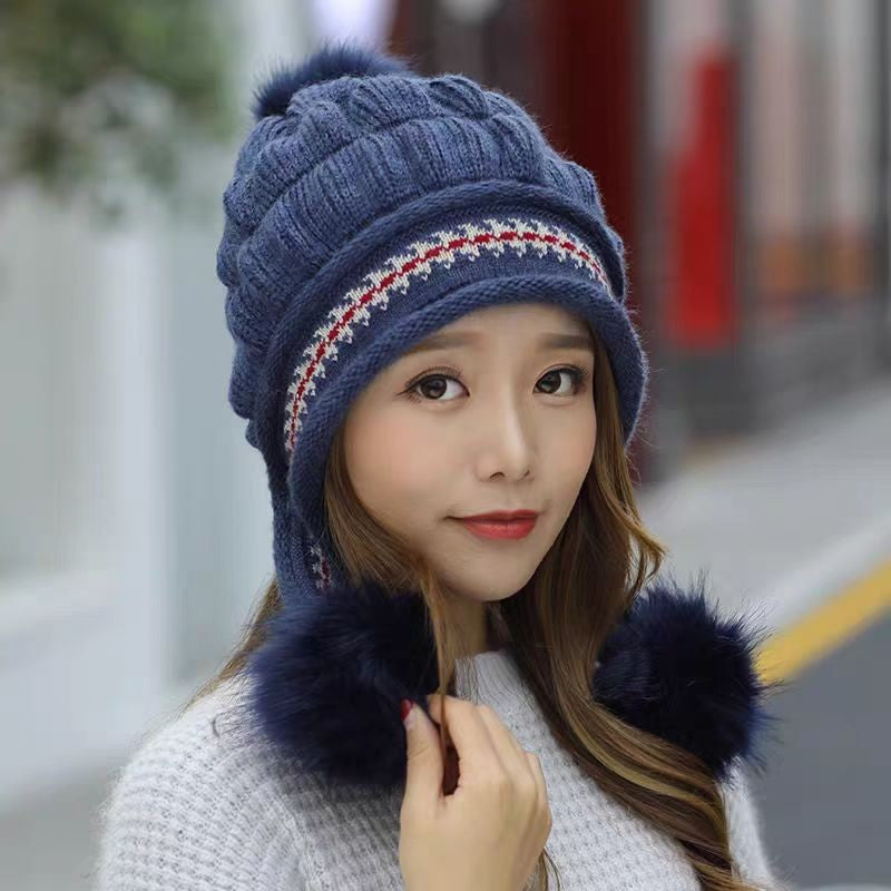 Cozy Knit Fleece-Feel Beanie With Ear Flaps & Pompom Warm Winter Hat F - image 5