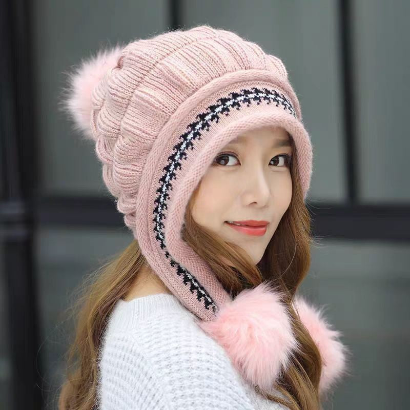 Cozy Knit Fleece-Feel Beanie With Ear Flaps & Pompom Warm Winter Hat F - image 2