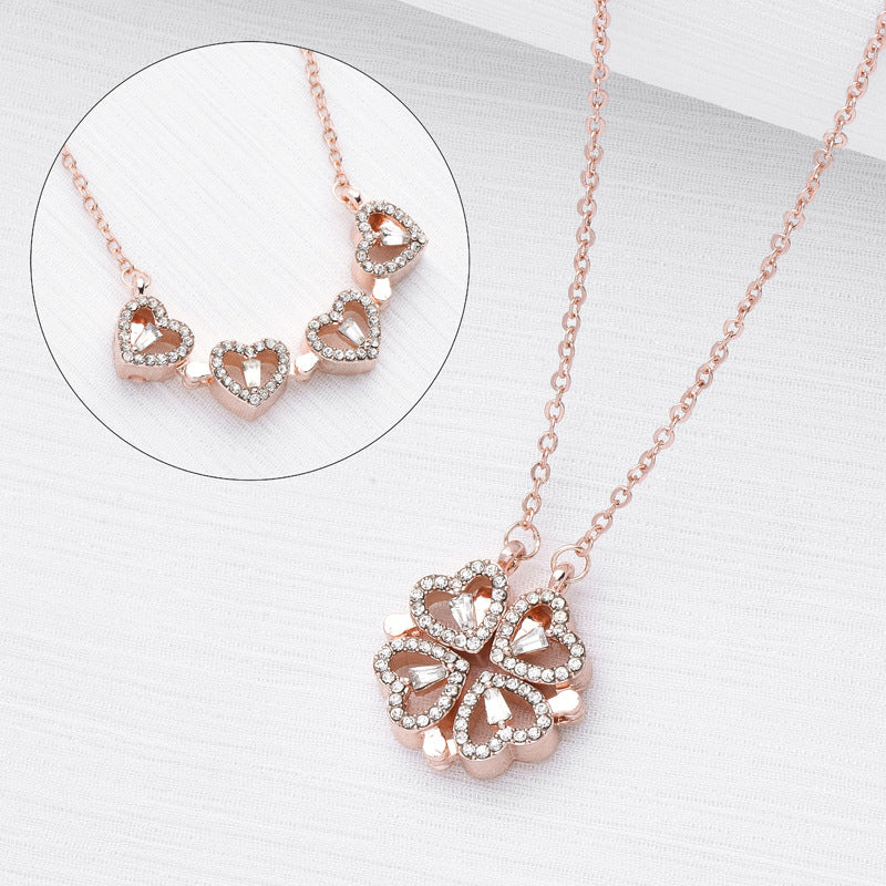 Retro Magnetic Folding Heart Shaped Four Leaf Clover Pendant Necklace  - image 8