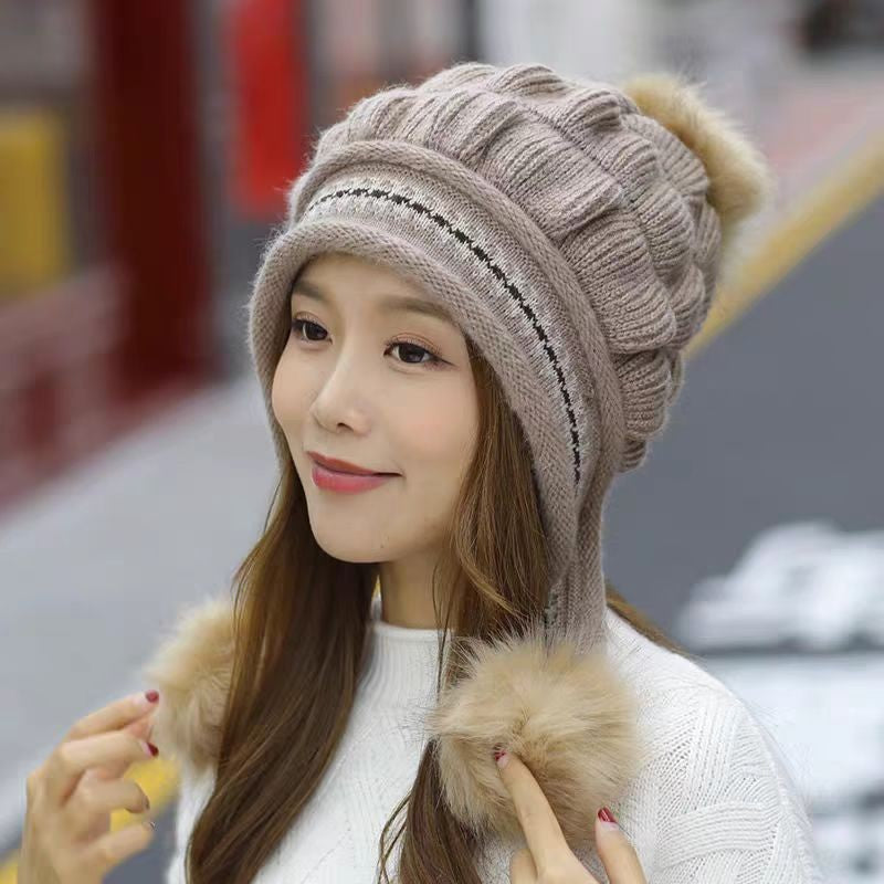 Cozy Knit Fleece-Feel Beanie With Ear Flaps & Pompom Warm Winter Hat F - image 3