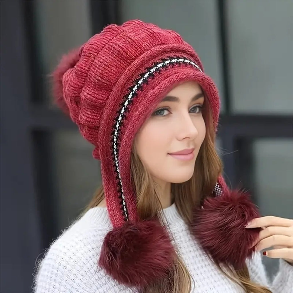 Cozy Knit Fleece-Feel Beanie With Ear Flaps & Pompom Warm Winter Hat F - image 6
