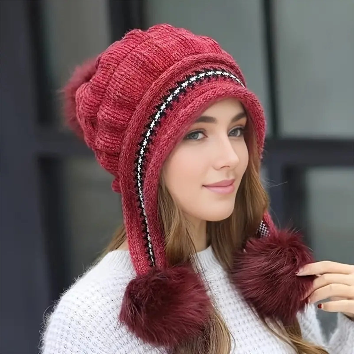 Cozy Knit Fleece-Feel Beanie With Ear Flaps & Pompom Warm Winter Hat F - image 6