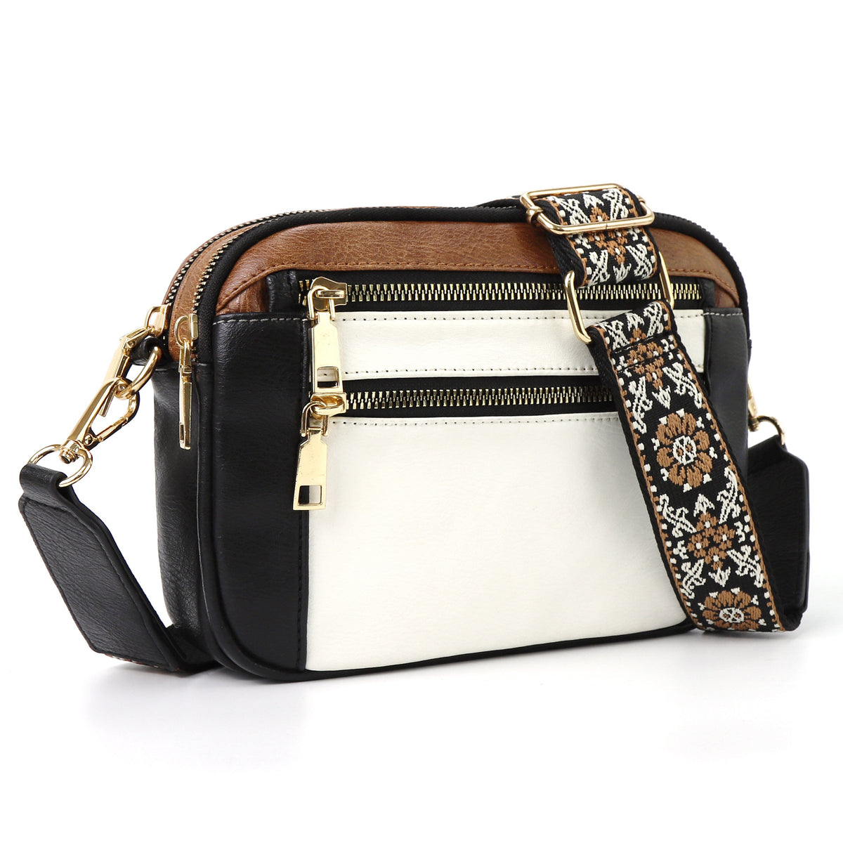 Triple-zipper Shoulder Bag With Floral Embroidered Straps Fashion Colo - image 9