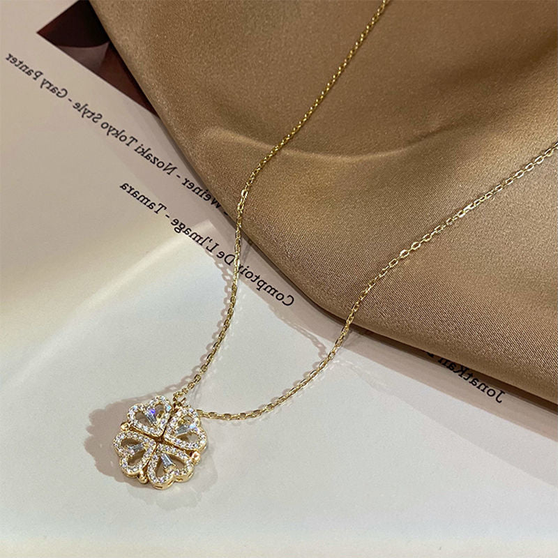 Retro Magnetic Folding Heart Shaped Four Leaf Clover Pendant Necklace  - image 4