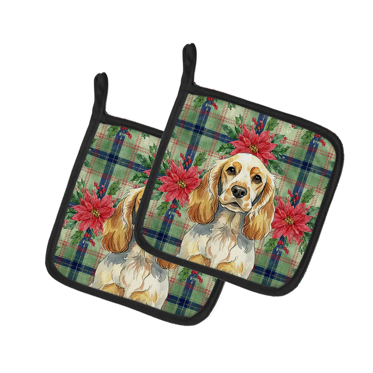 Lemon Roan English Cocker Spaniel Christmas PoinsettIas Pair of Pot Ho - image 5