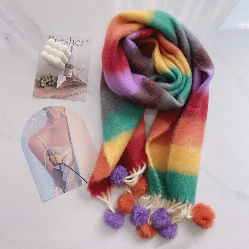 Rainbow Dopamine Mohair Tassel Scarf - image 1