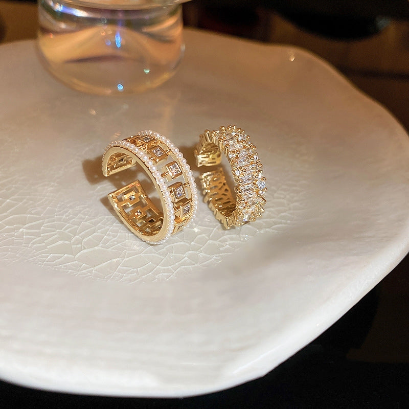 Pearl Hollowed-out Square Open-end Zircon Ring European And American F - image 6