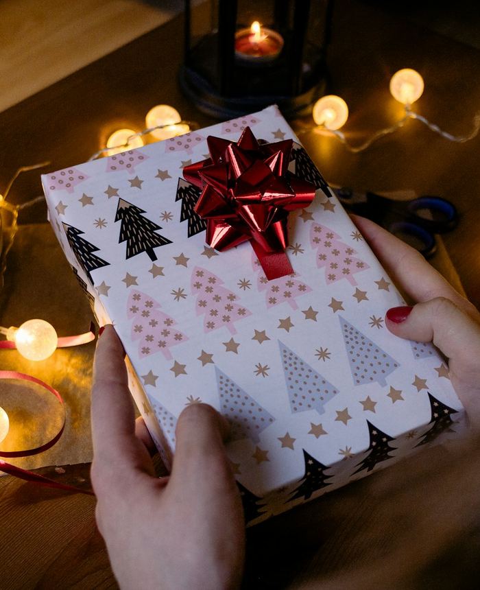 Hands holding a festive wrapped gift with a red bow